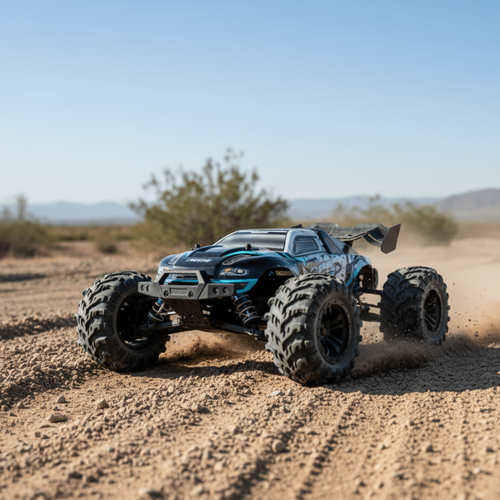 1:16 Scale electric RC truck, all-wheel-drive with bright LED lights for thrilling off-road adventures.