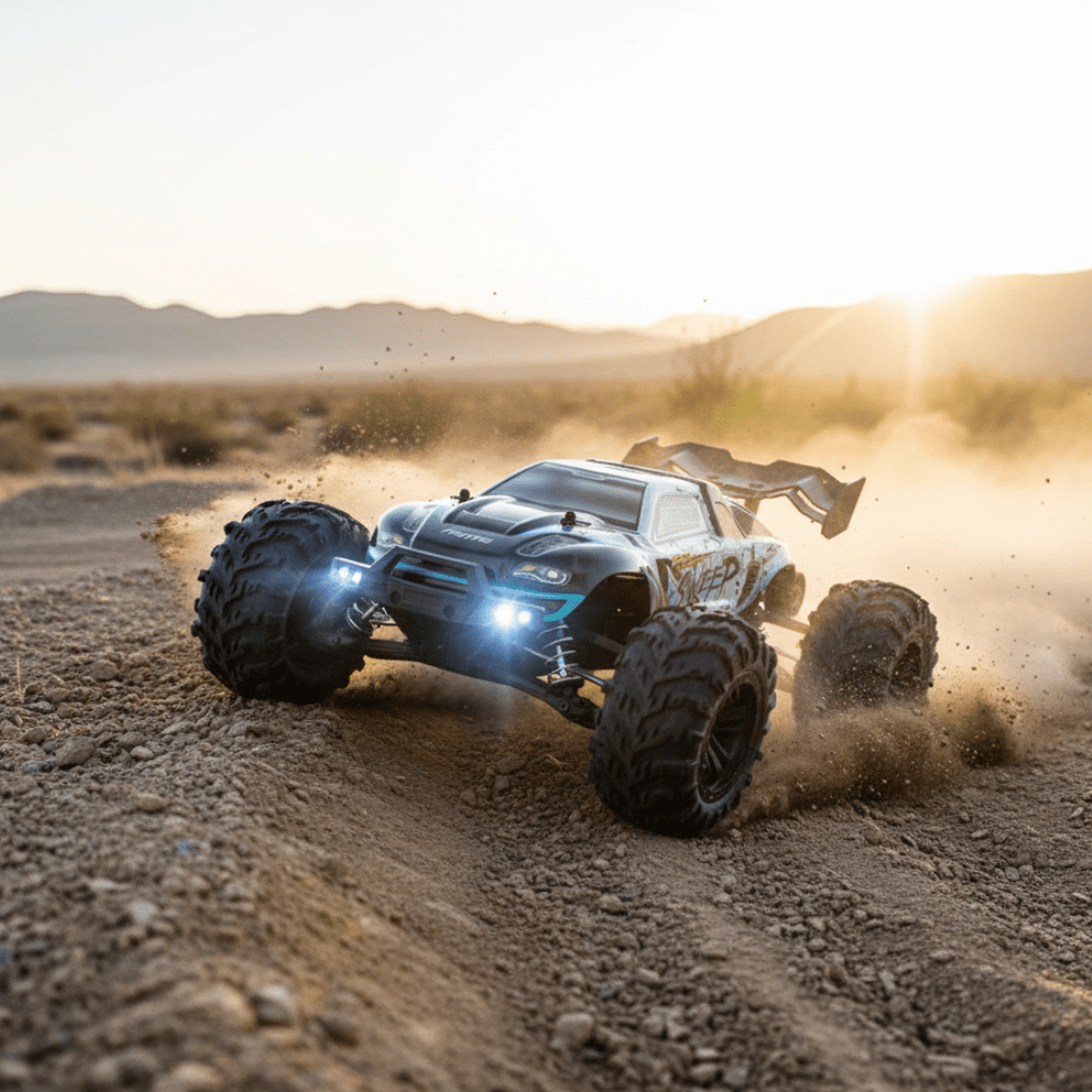 High-speed 4x4 RC truck tackling rough terrain, showcasing its robust off-road capabilities & durable design.