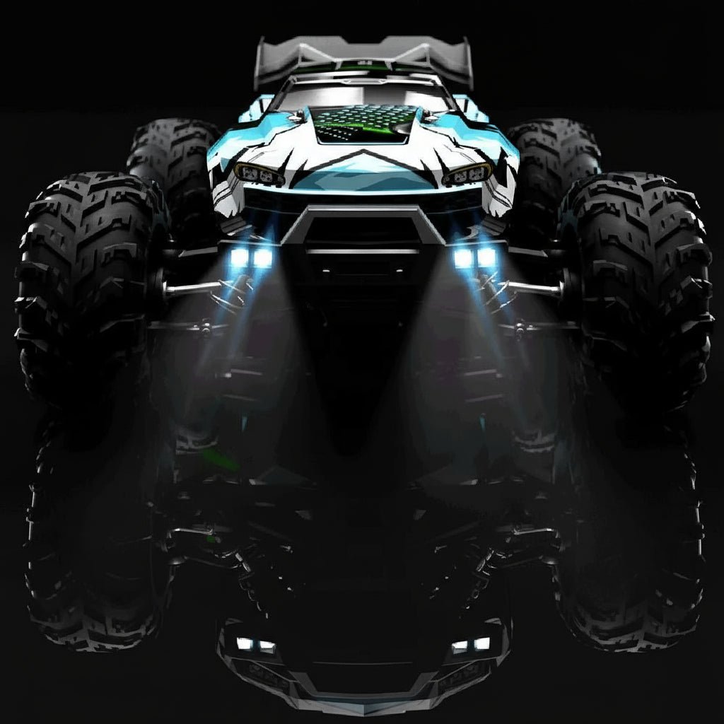 Electric remote control truck with glowing LED headlights, perfect for night driving & exciting outdoor play.