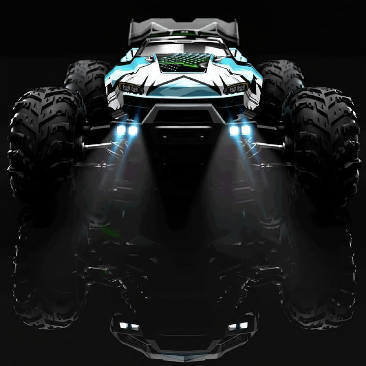 Electric remote control truck with glowing LED headlights, perfect for night driving & exciting outdoor play.
