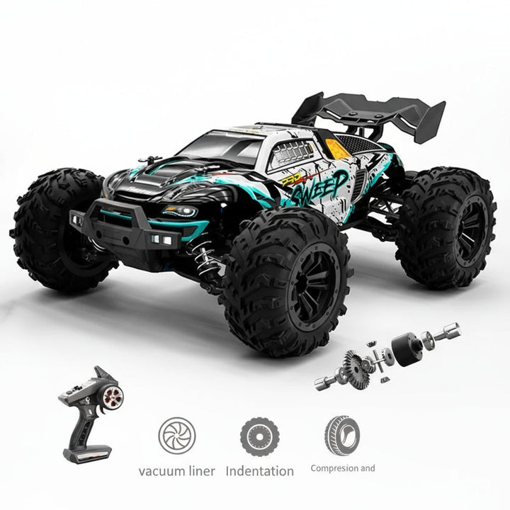 Remote control car: 1:16 scale electric RC truck, all-wheel drive, with LED lights for immersive play.