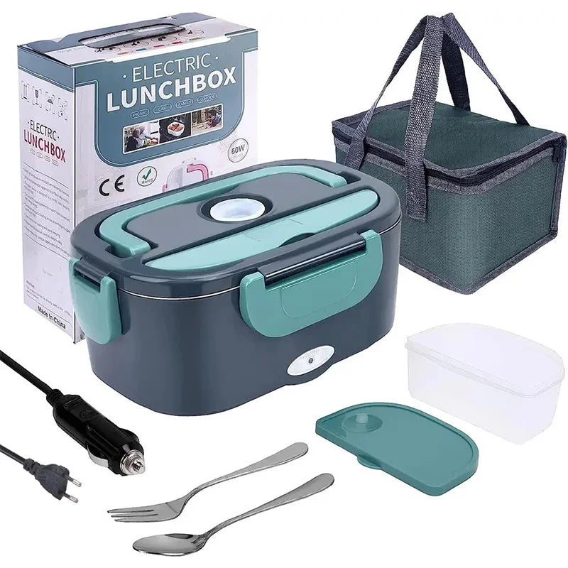 1.5L electric lunch box food heater, portable & leak-proof, for car or office meals.