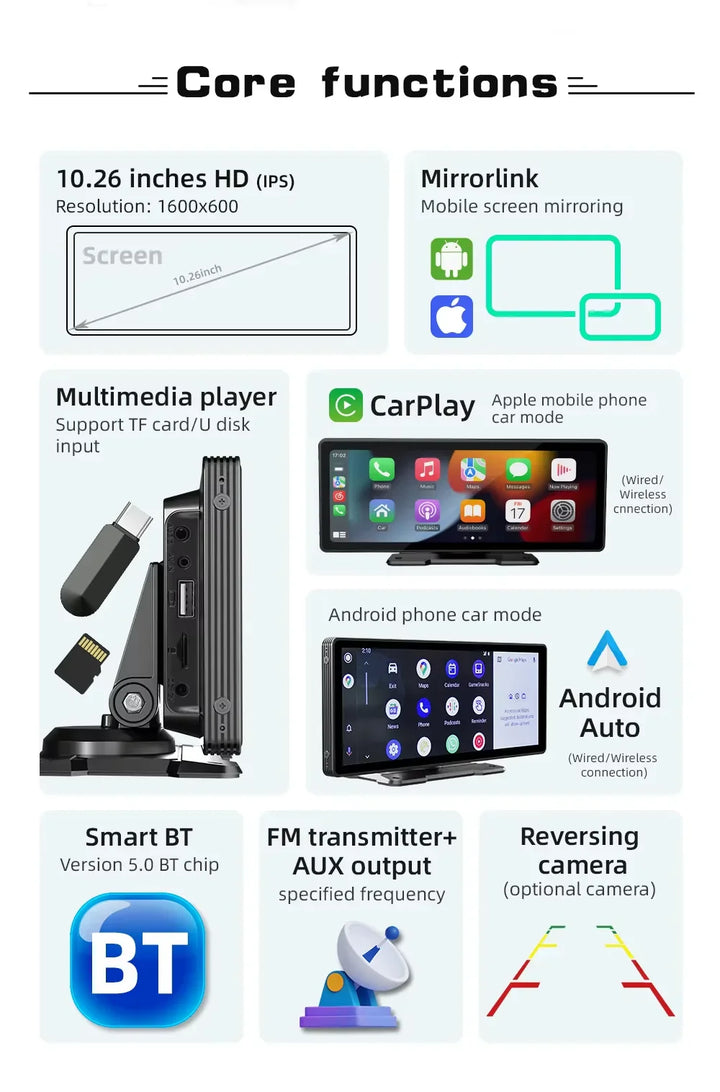 Side view of 10.26-inch car wireless CarPlay receiver, highlighting its slim design.