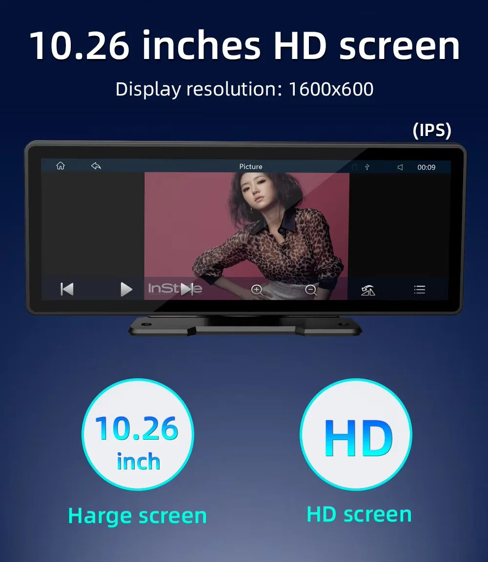 Close-up of the 10.26-inch HD touchscreen of a car multimedia player, detail of UI.