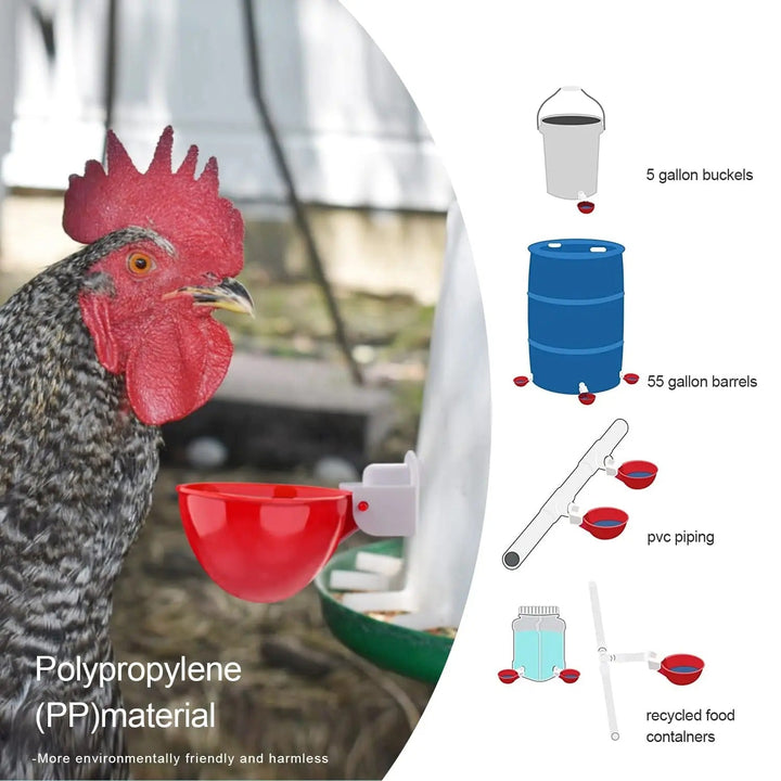 Close-up of durable automatic chicken water cup with yellow trigger for reliable poultry hydration.