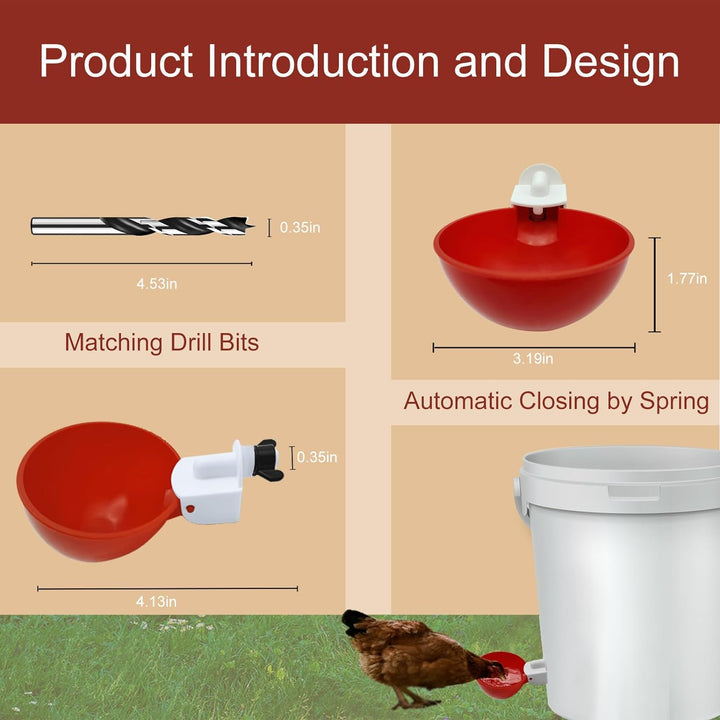 Automatic poultry waterer cup dispensing fresh water for chickens and ducks on a farm.