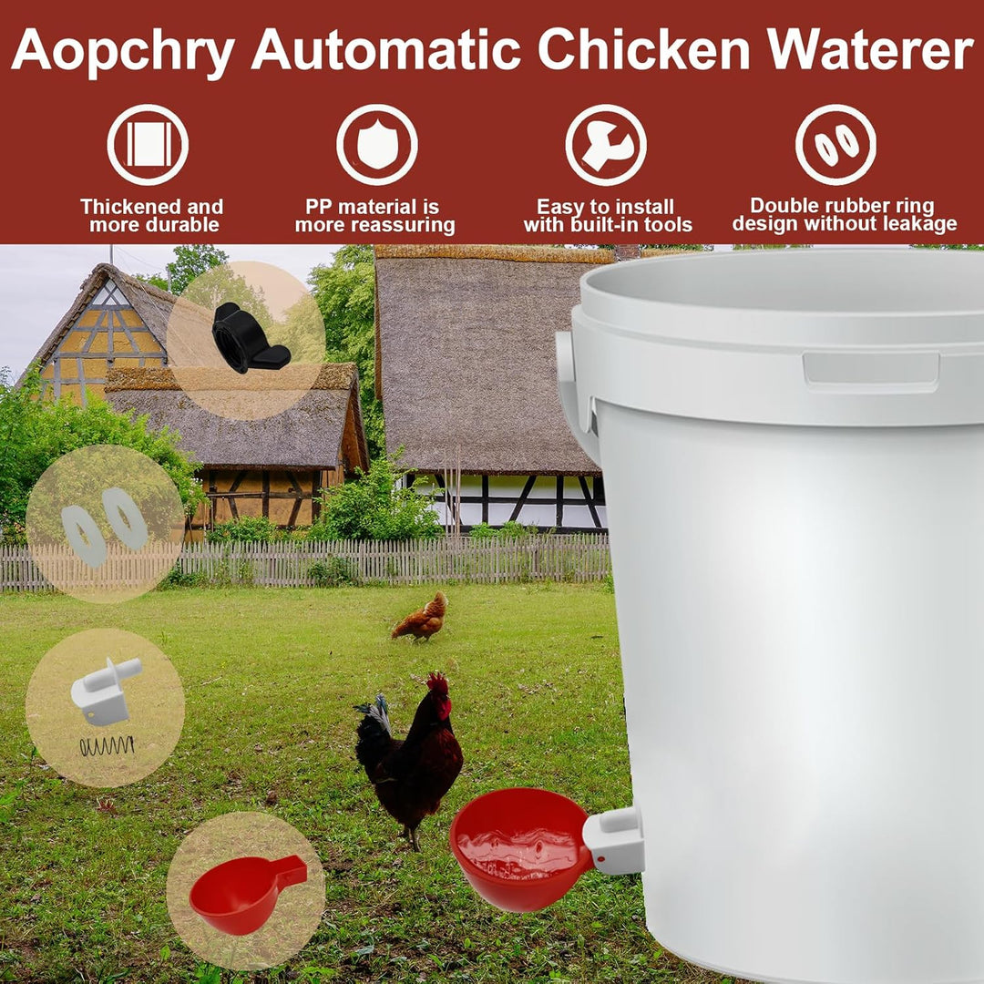 Automatic waterer cups providing essential hydration for chickens, ducks, & quail in a farm coop.