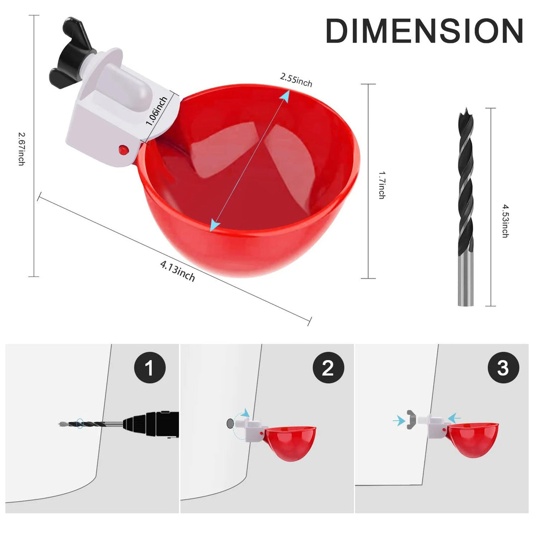 Hands-free automatic chicken waterer cups ensure constant fresh water for farm poultry & ducks.