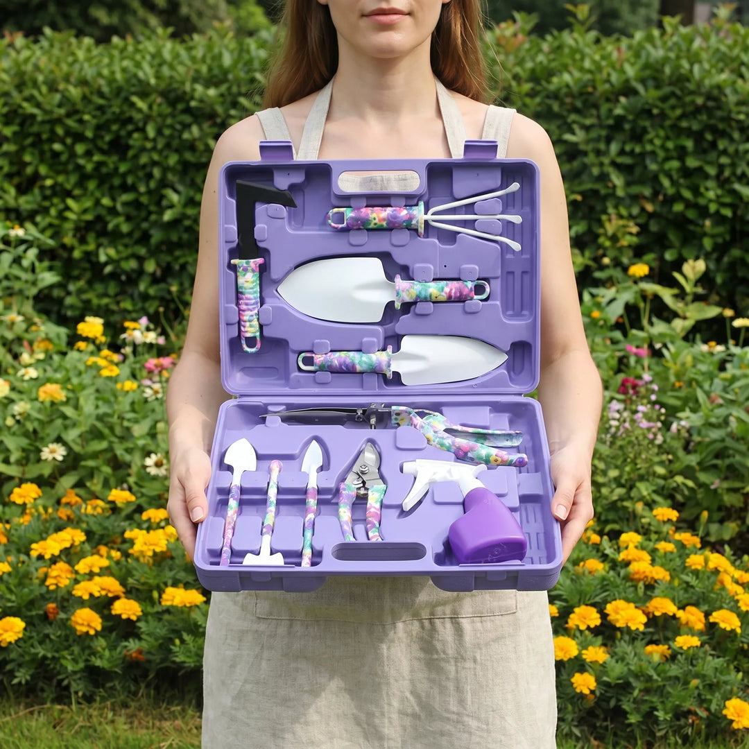 10-piece gardening tool set with a portable storage case for organized outdoor planting and weeding tasks.