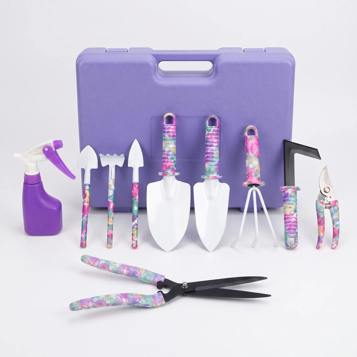 High-quality 10-piece gardening tool set with ergonomic handles and a robust storage case for all garden tasks.