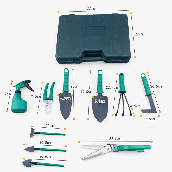 Compact 10-piece gardening tool set, including trowel & cultivator, stored neatly in a portable case.