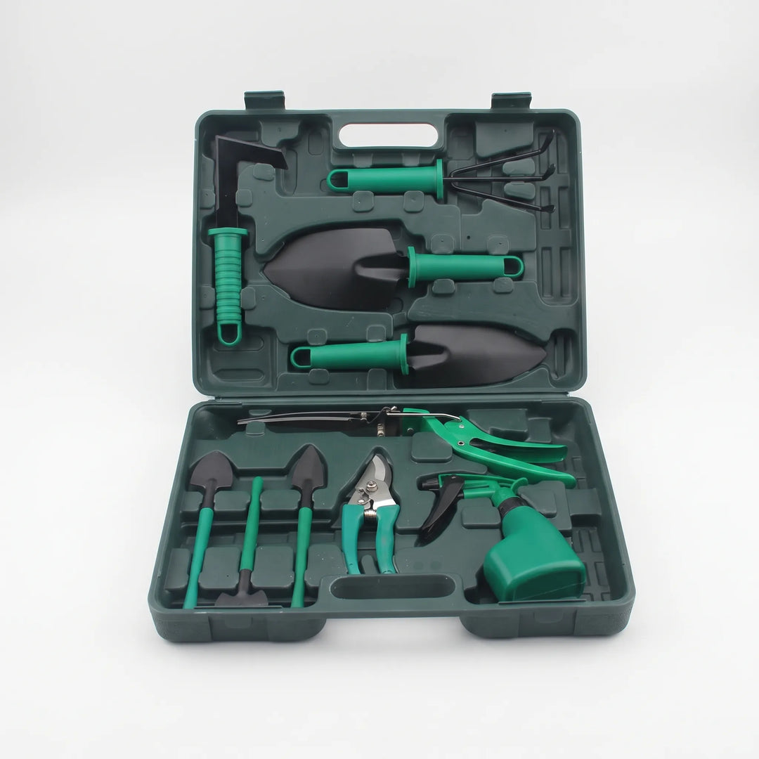Versatile 10-piece gardening tool set: hand rake, trowel, pruners, and more, in a practical storage case.