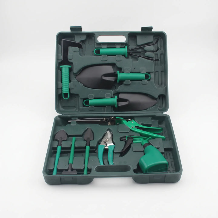 Versatile 10-piece gardening tool set: hand rake, trowel, pruners, and more, in a practical storage case.