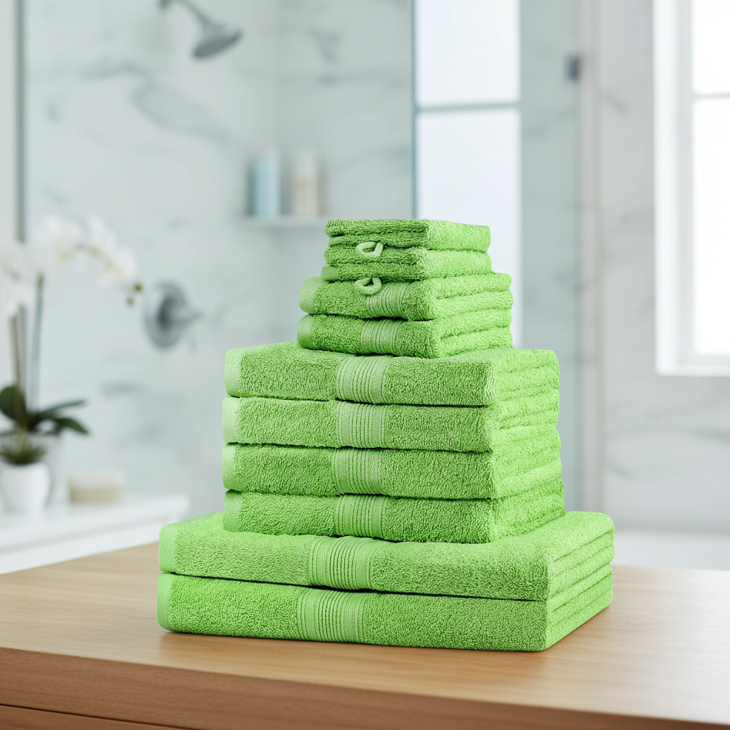 10-piece luxury cotton towel set in a bathroom, including various sizes like bath, hand, and washcloths, for home spa.