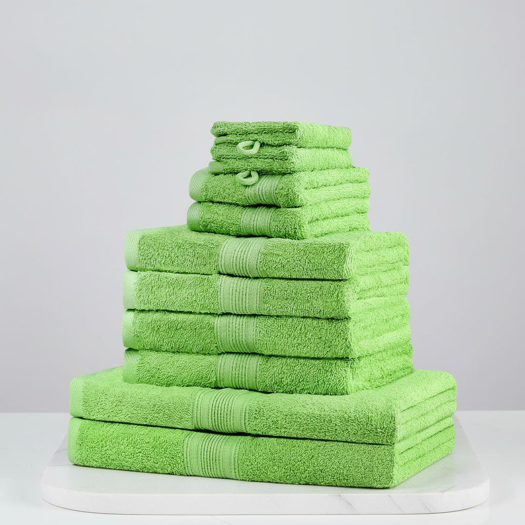Soft, absorbent cotton towel set with 10 pieces for a complete bathroom, including bath, hand, and guest towels.