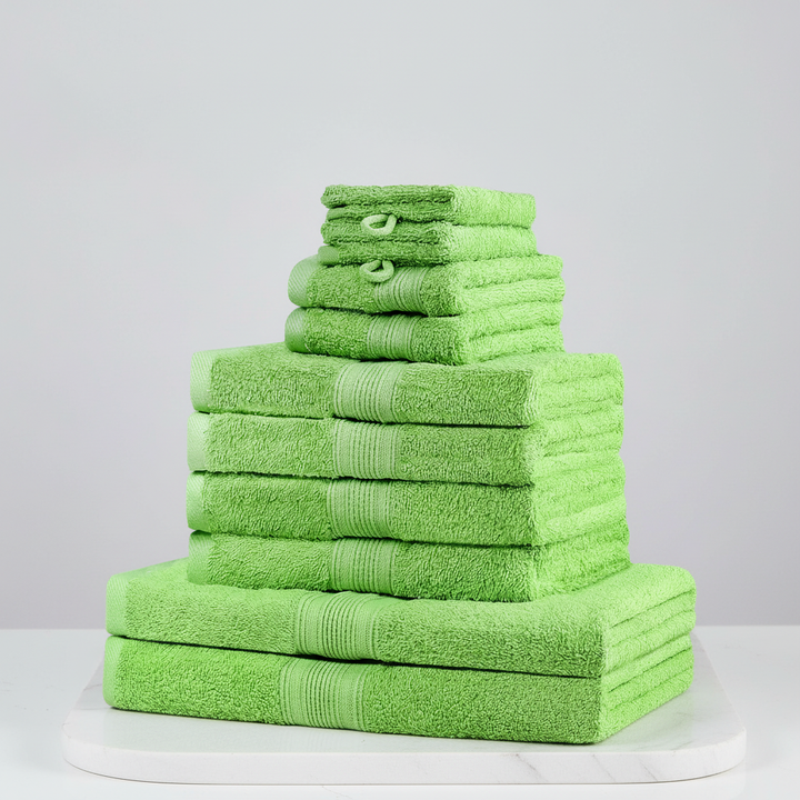 Soft, absorbent cotton towel set with 10 pieces for a complete bathroom, including bath, hand, and guest towels.