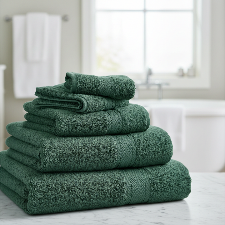 10-Piece Luxury Cotton Towel Set, white, neatly folded on a bathroom shelf, ultra-soft and absorbent.