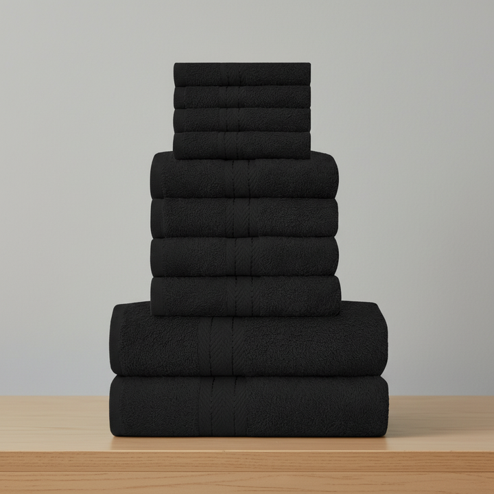 Close-up of the woven edge of a premium cotton towel from the 10-piece luxury set, quality assured.