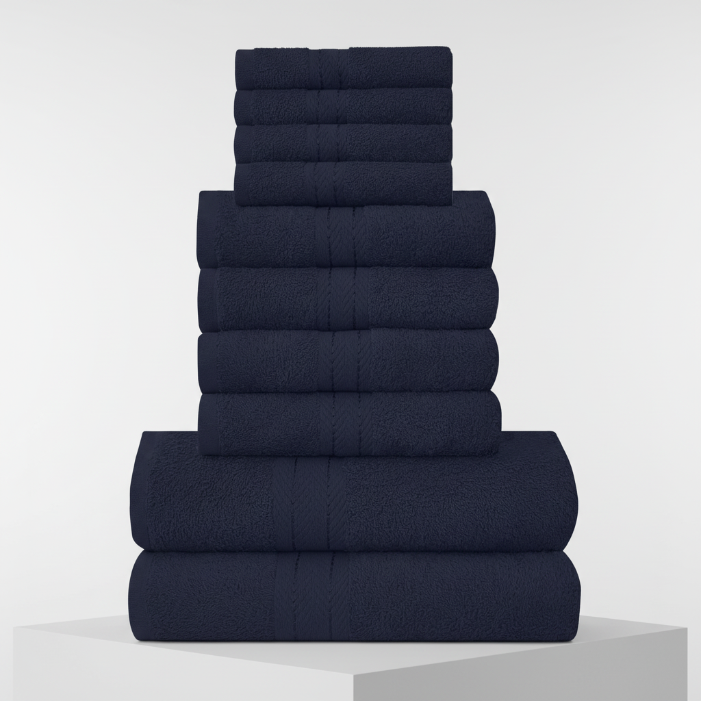 Bathroom display featuring a full 10-piece luxury cotton towel set, enhancing the decor with soft textures.