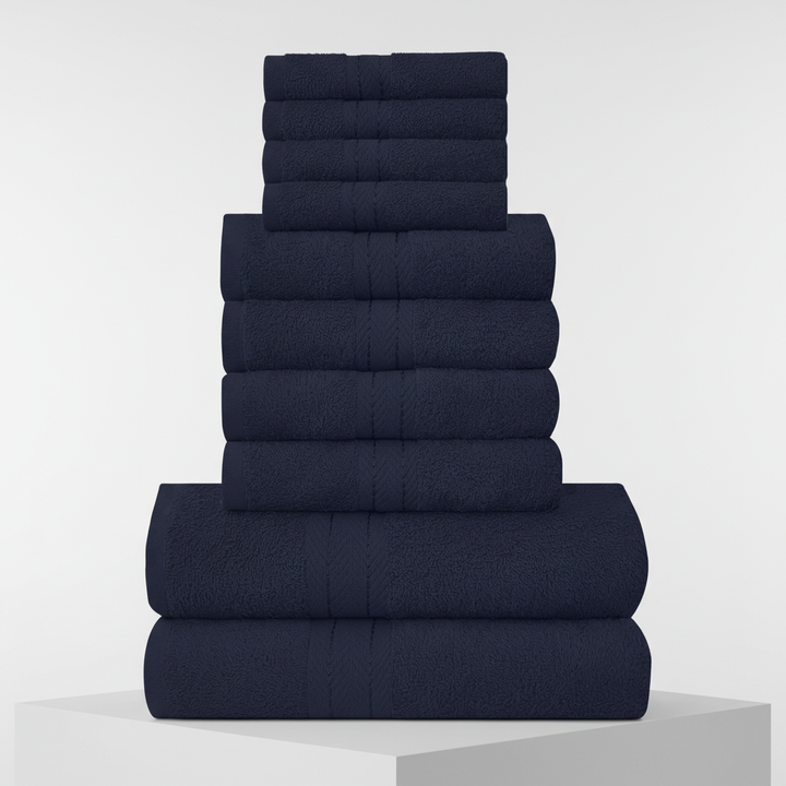 Bathroom display featuring a full 10-piece luxury cotton towel set, enhancing the decor with soft textures.