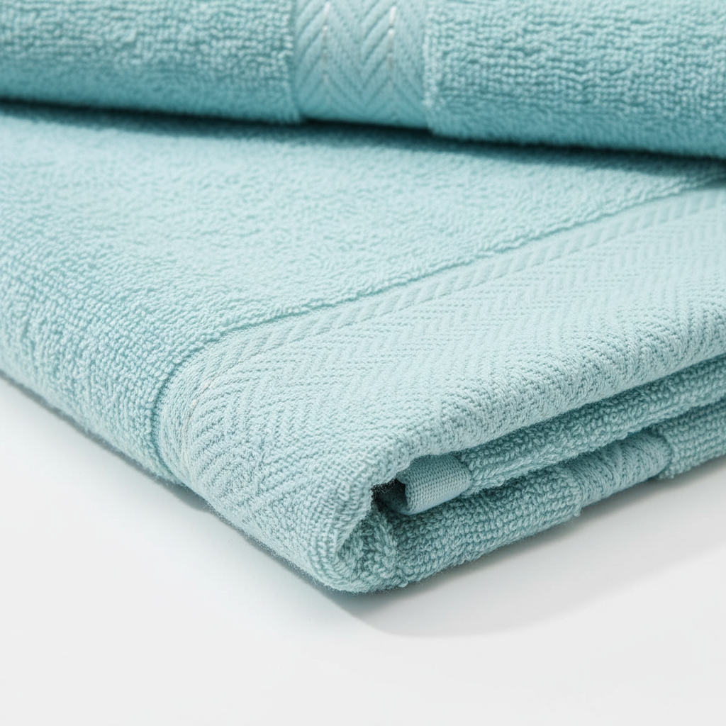 Arrangement of 10-piece luxury towel set, including bath, hand, and face towels, in a light-filled bathroom.