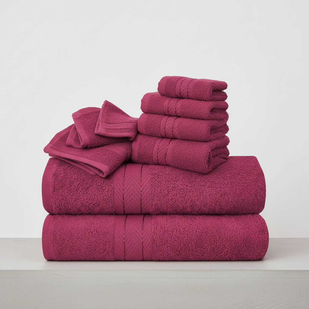 Set of different sized absorbent cotton towels, demonstrating the complete 10-piece luxury ensemble.