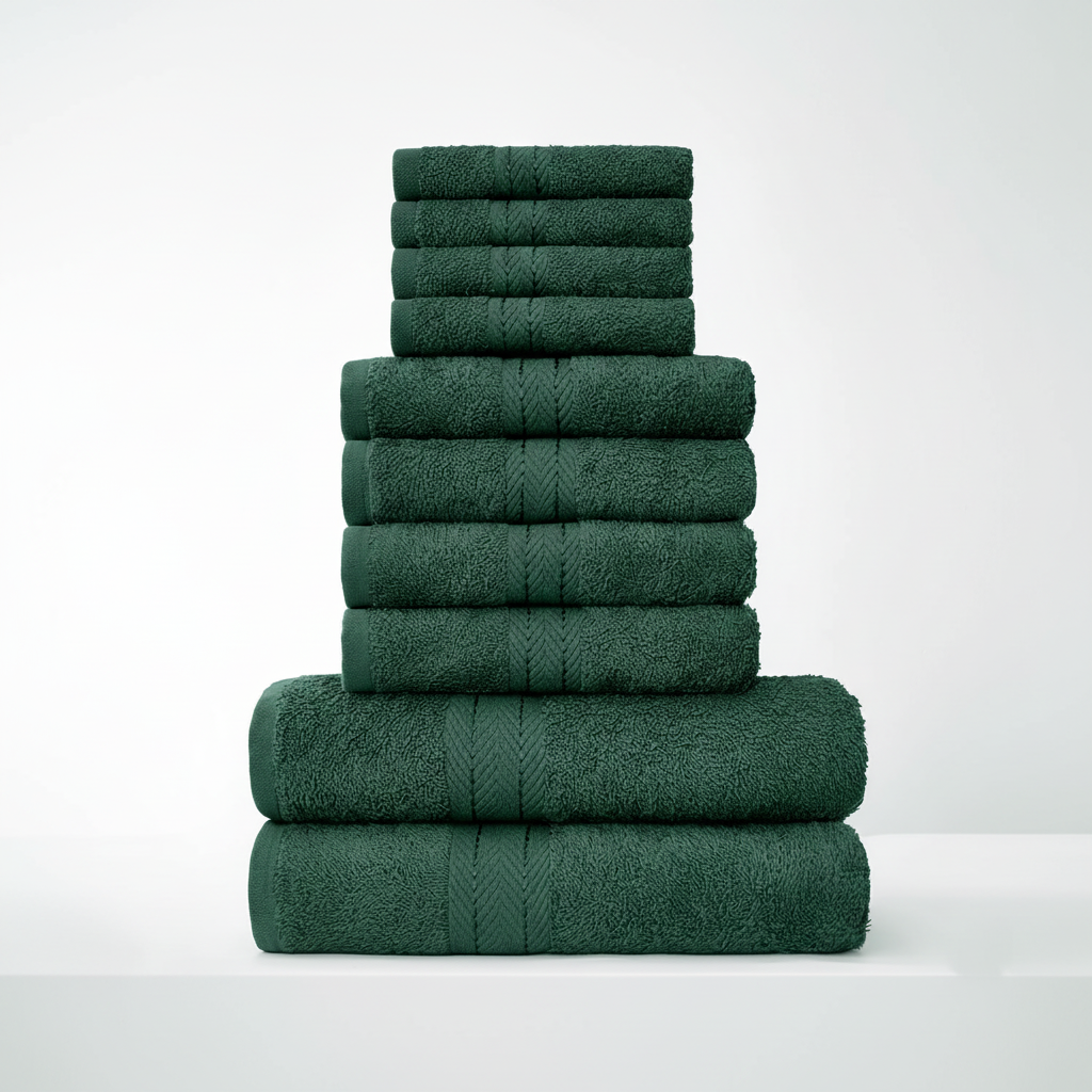 Elegant bathroom interior showcasing a neatly folded 10-piece luxury cotton towel set on a vanity.