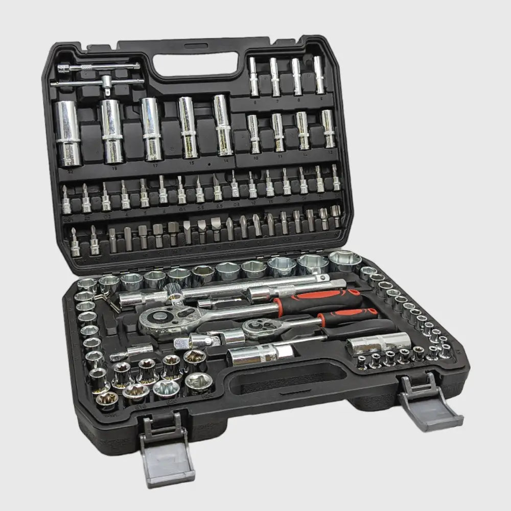 Comprehensive 108-piece DIY Hand Tool Kit with Chrome Vanadium sockets & ratchets for home improvement projects.