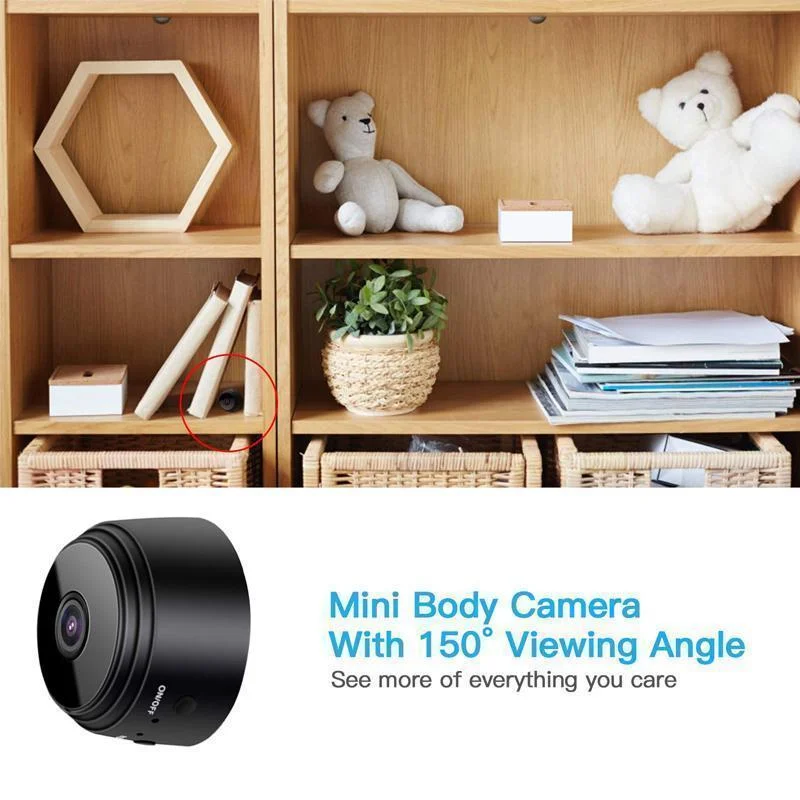 Wireless 1080p HD mini security camera with magnetic mount for easy indoor surveillance & home security.