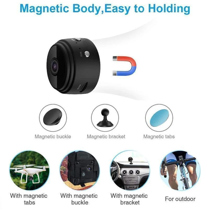 Compact 1080p HD WiFi security camera, magnetic base, easy to install for indoor surveillance & home safety.