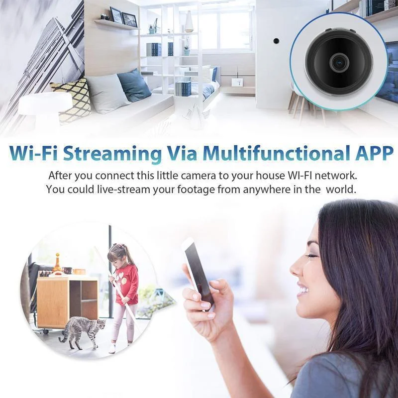 Magnetic 1080p WiFi mini security cam with night vision for wireless indoor home surveillance.