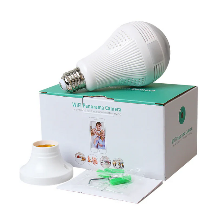 1080P Smart Bulb Security Camera with 360° panoramic WiFi view, motion detection, & easy E27 install for home security.