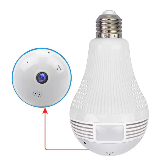 Hidden E27 Smart Bulb Security Camera: 1080P WiFi, 360° panoramic view, two-way audio & motion detection for home security.