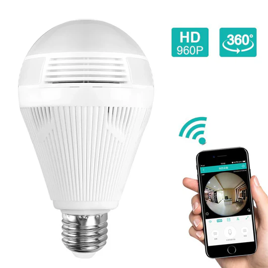 Surveillance camera disguised as E27 smart bulb. 1080P 360° panoramic WiFi view for comprehensive home security monitoring.