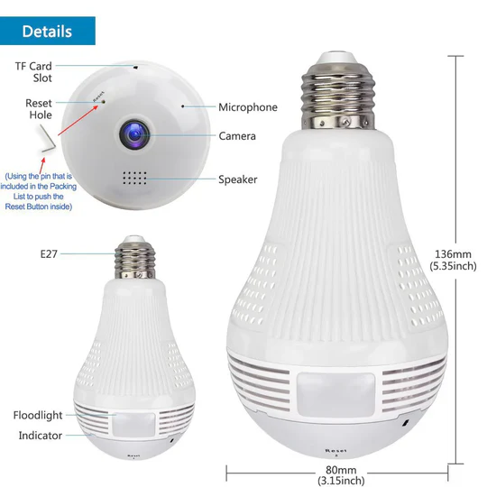 Advanced 1080P Smart Bulb Camera with 360° panoramic WiFi. Motion detection & two-way audio for easy home surveillance.