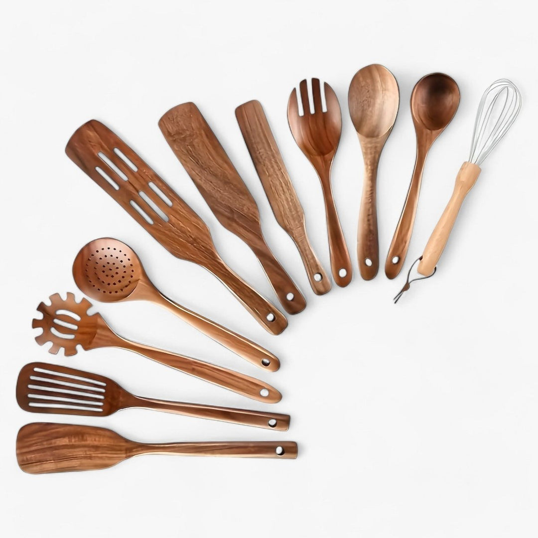 11-piece wooden kitchen utensil set for non-stick cookware. Eco-friendly, heat-resistant cooking tools.
