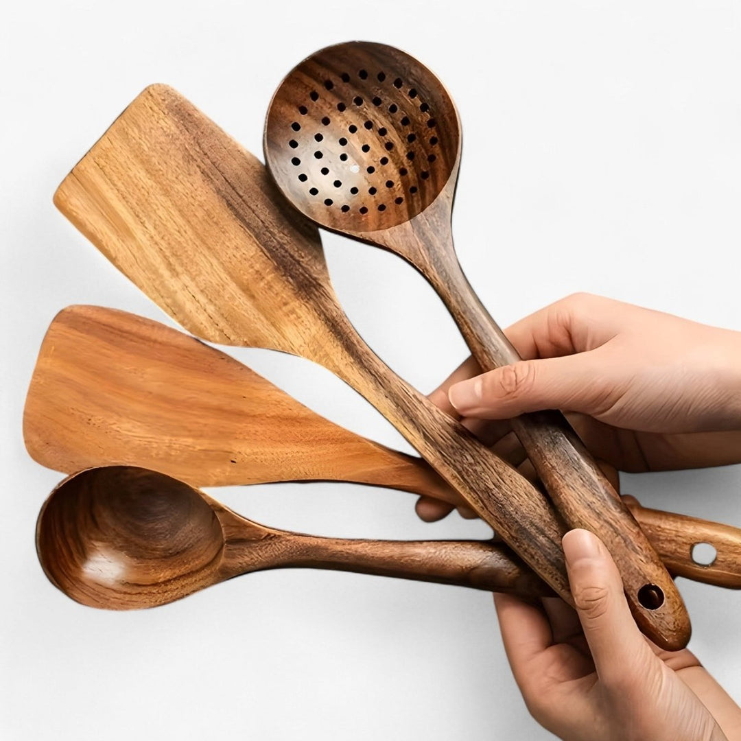 Premium wooden cooking utensils set, ideal for non-stick pots. Includes spatulas, spoons & ladles for home kitchen.