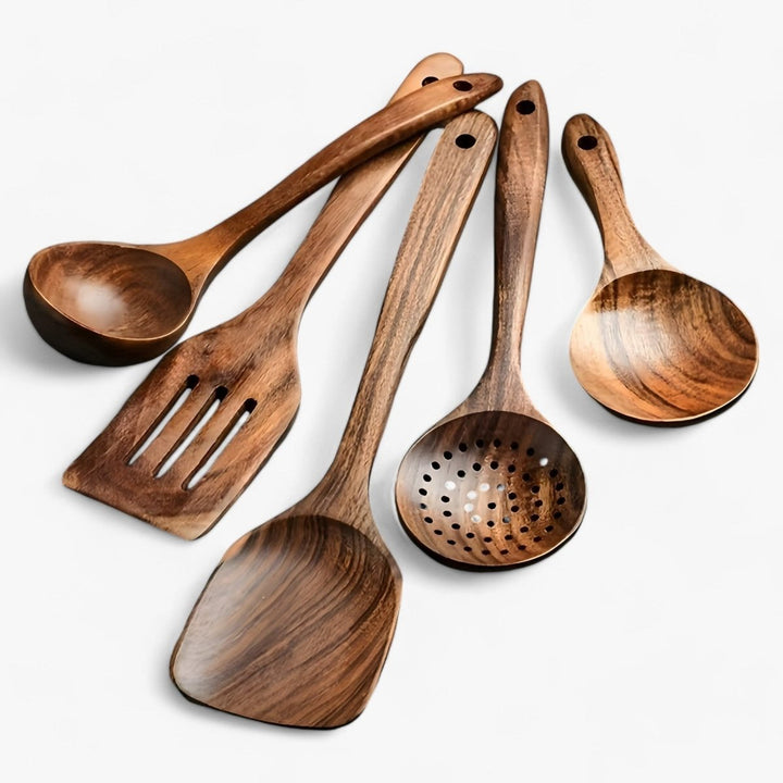 Durable wooden cooking & baking utensil set for nonstick pans. Heat-resistant, eco-friendly kitchen tools.
