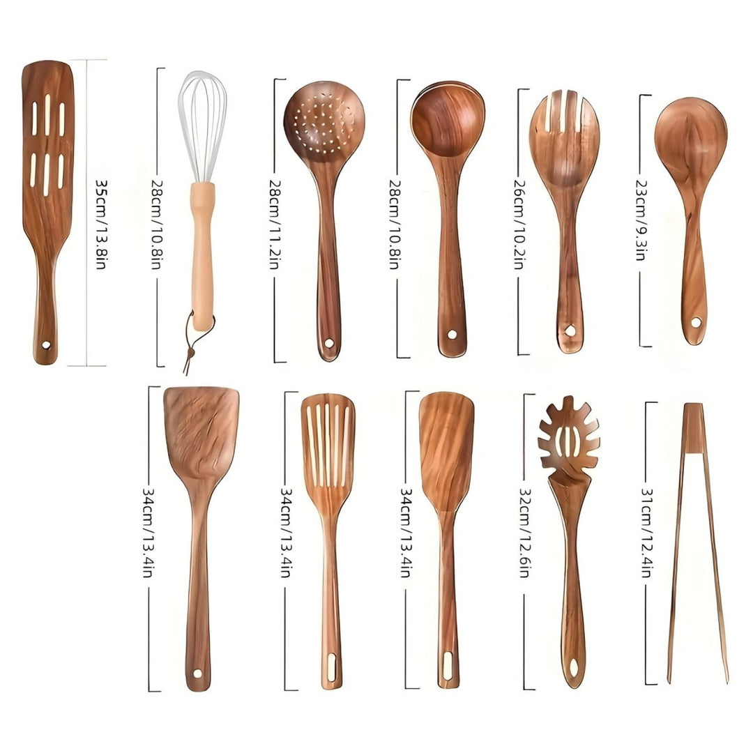 Elegant 11-piece wooden utensil set designed for non-stick cookware. Essential kitchen tools for cooking & baking.