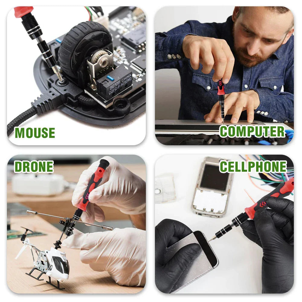 Close-up of organized 115-in-1 precision screwdriver set with various magnetic repair tools