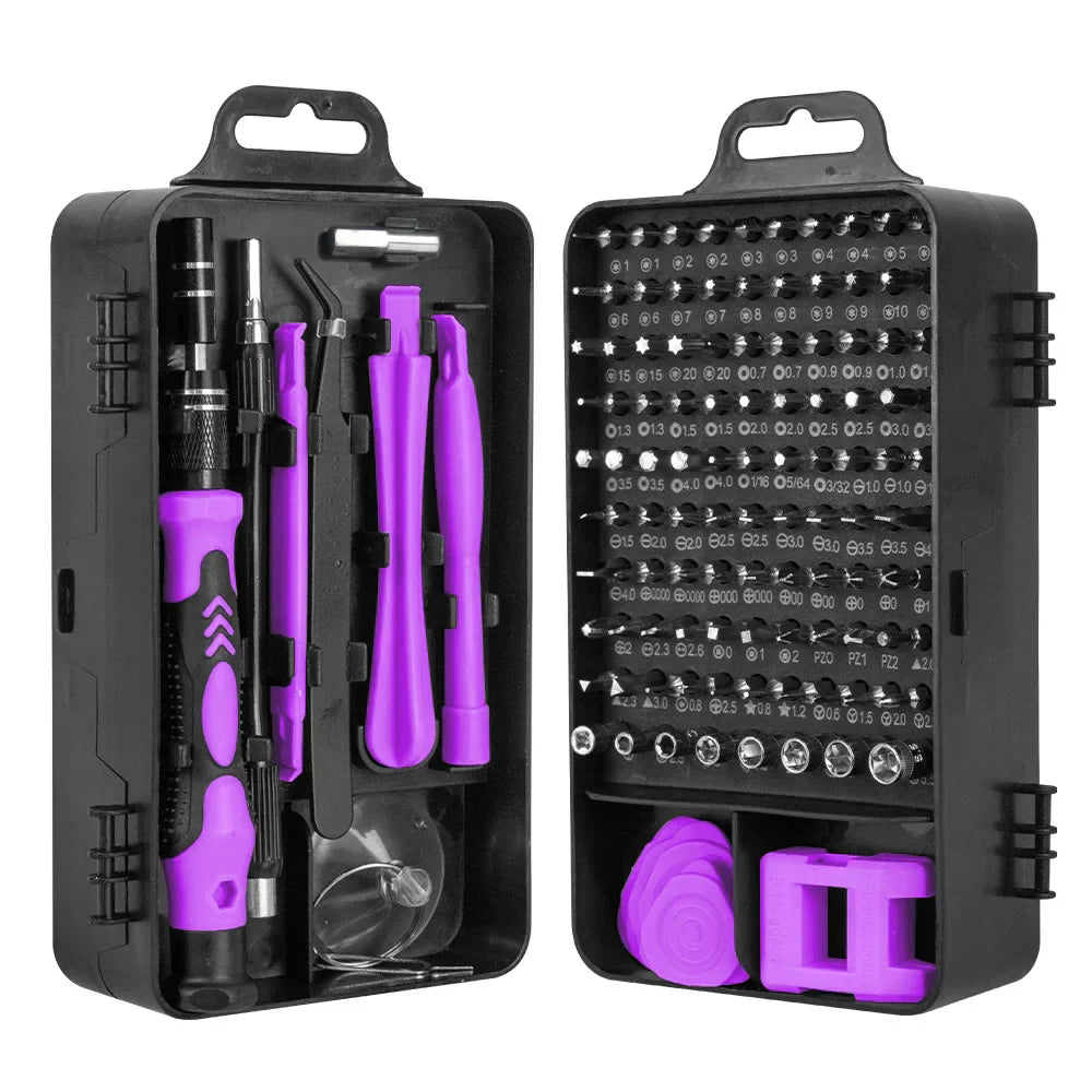 Complete 115-in-1 magnetic screwdriver kit with accessories for versatile electronics repair