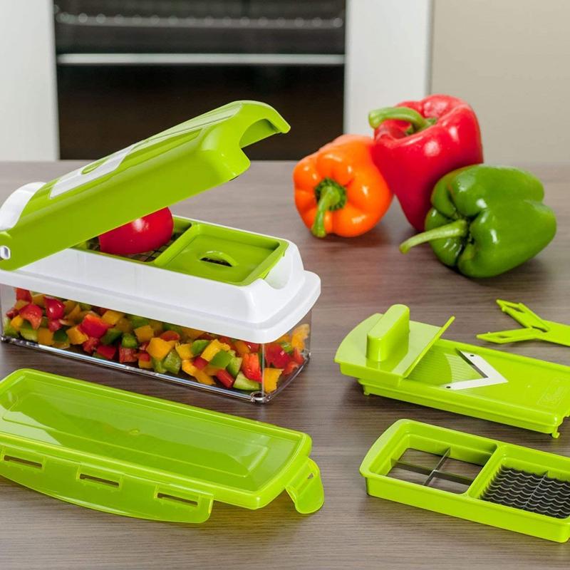 Stainless steel vegetable slicer with multiple blades for easy fruit & veggie slicing.