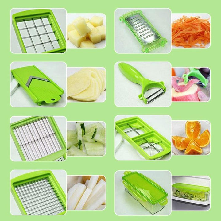 Durable 12-in-1 stainless steel vegetable slicer with safe grip for home kitchen food prep.