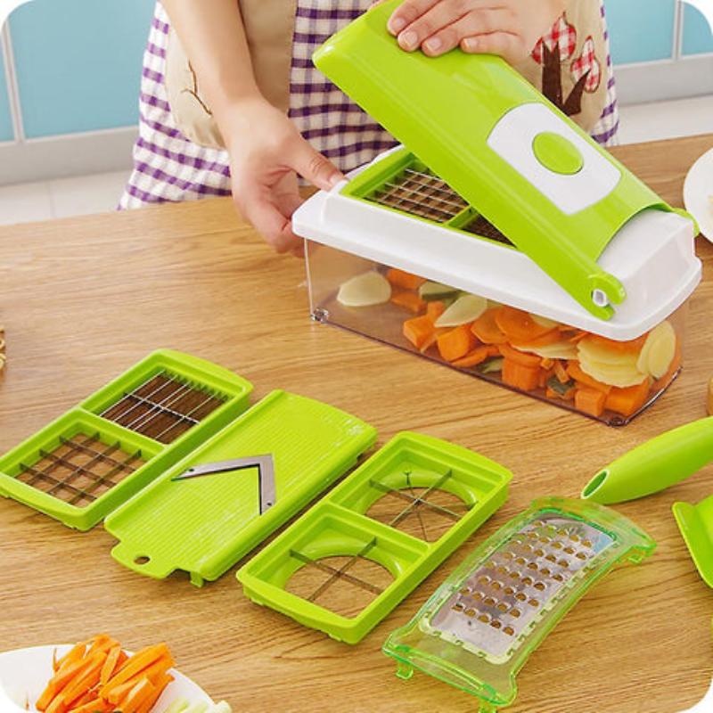 Multifunctional food prep tool showing various interchangeable blades for slicing & grating.