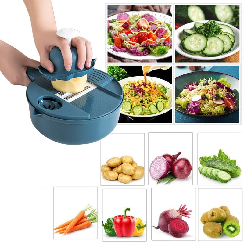 ChefEase 12-in-1 veggie slicer set showcasing various interchangeable blades for slicing, dicing, and chopping.