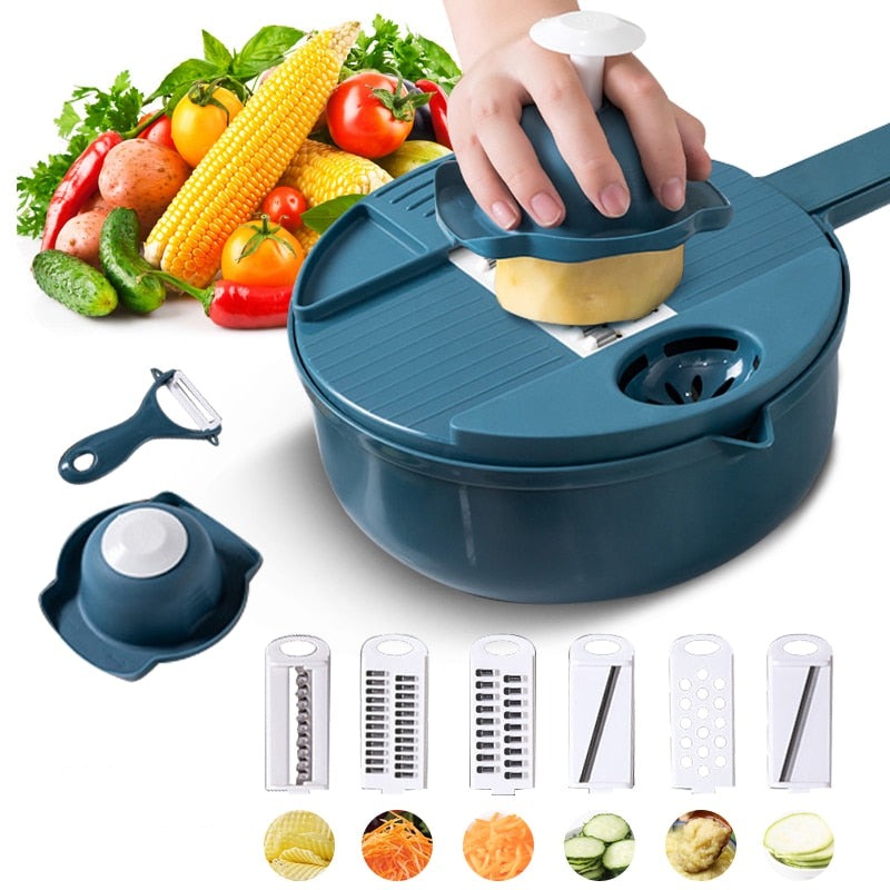 Hand using the ChefEase multifunctional vegetable slicer to efficiently prep carrots, onions, and other veggies.