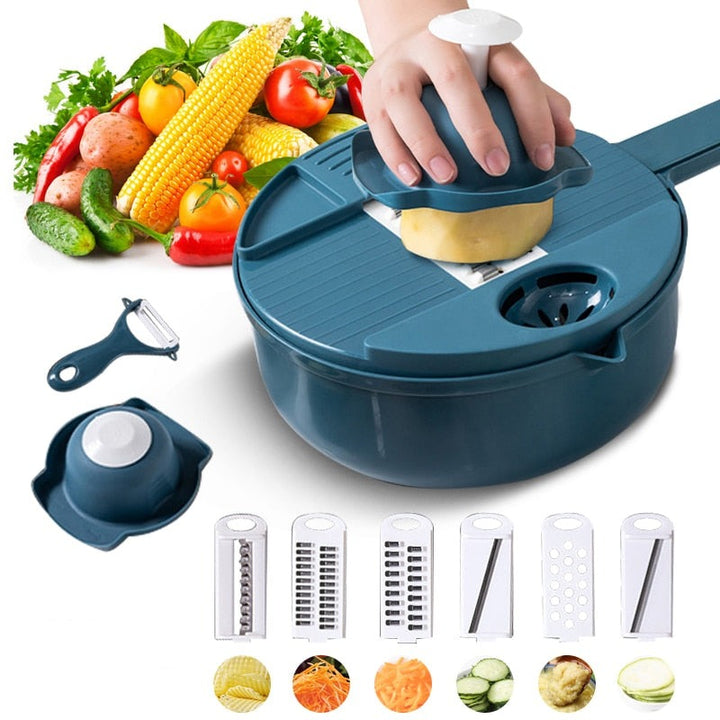 Hand using the ChefEase multifunctional vegetable slicer to efficiently prep carrots, onions, and other veggies.