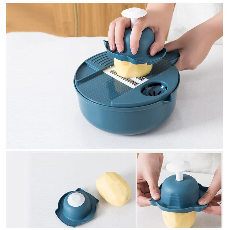 Complete 12-in-1 vegetable chopper & slicer set, including grater, container, and safety holder for food prep.