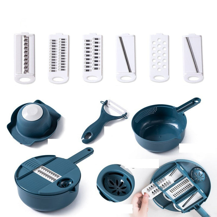 Ergonomic 12-in-1 vegetable slicer set with non-slip base & safety hand guard for secure and easy food prep.
