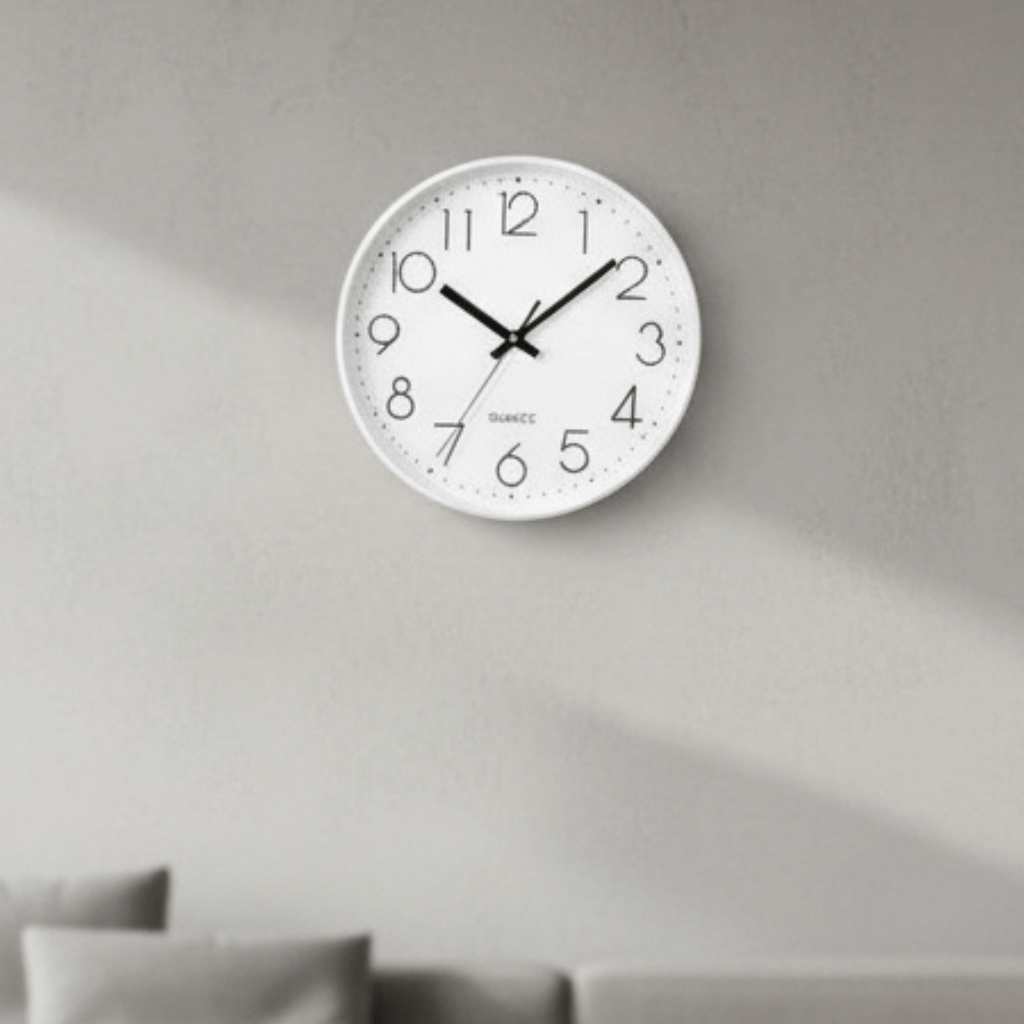 12-inch quiet quartz wall clock for modern home decor. Non-ticking, perfect for living room or bedroom.